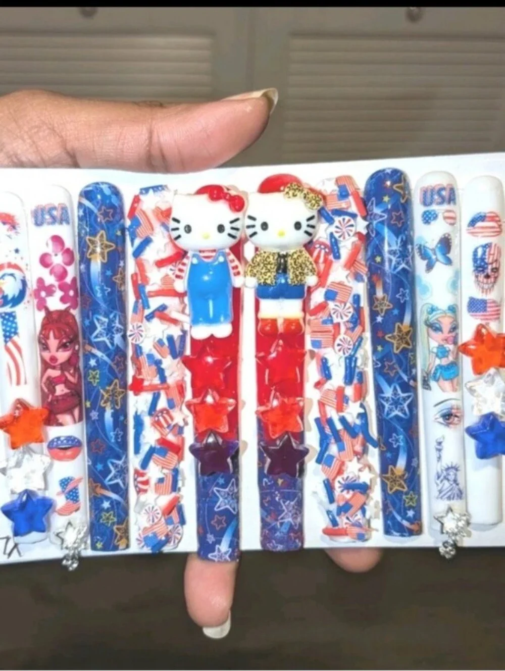 Hand CRAFTED 6XL Patriotic Red, White & Blue Press-On Nails - Star & Flag
